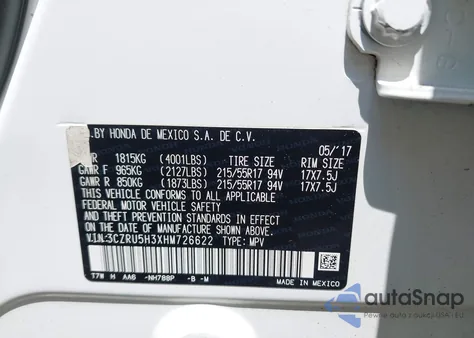 2017 Honda Hr-V Lx z USA, uszkodzony, nr VIN 3CZRU5H3XHM726622